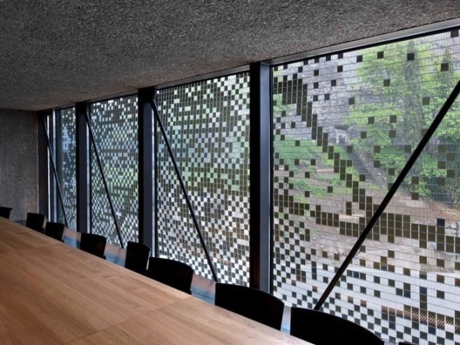 eco wine tasting,green wine tasting, local materials, Lake Geneva wine tasting, pixilated facade, Lavaux wine tasting, Wine tasting room, Daniel Schlaepfer, metal skin, Fournier-maccagnan Architecture