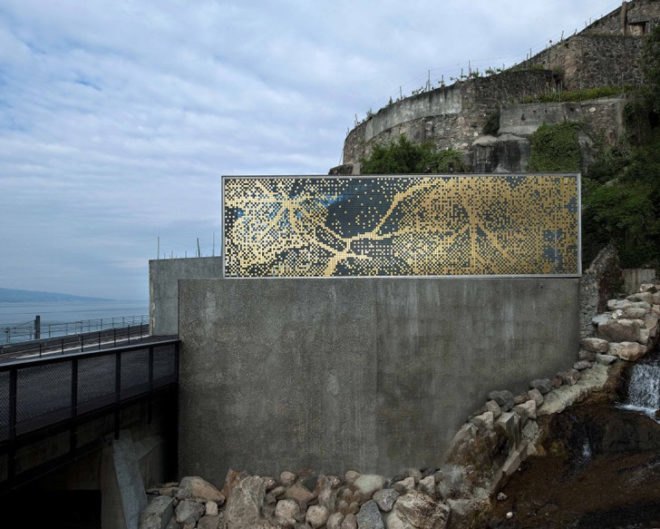 eco wine tasting,green wine tasting, local materials, Lake Geneva wine tasting, pixilated facade, Lavaux wine tasting, Wine tasting room, Daniel Schlaepfer, metal skin, Fournier-maccagnan Architecture