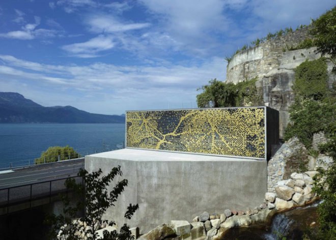 eco wine tasting,green wine tasting, local materials, Lake Geneva wine tasting, pixilated facade, Lavaux wine tasting, Wine tasting room, Daniel Schlaepfer, metal skin, Fournier-maccagnan Architecture