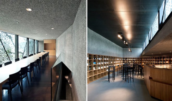 eco wine tasting,green wine tasting, local materials, Lake Geneva wine tasting, pixilated facade, Lavaux wine tasting, Wine tasting room, Daniel Schlaepfer, metal skin, Fournier-maccagnan Architecture