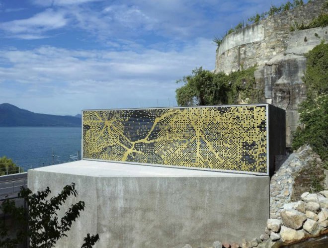 eco wine tasting,green wine tasting, local materials, Lake Geneva wine tasting, pixilated facade, Lavaux wine tasting, Wine tasting room, Daniel Schlaepfer, metal skin, Fournier-maccagnan Architecture
