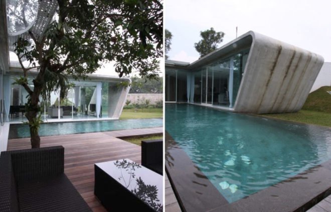 eco cooling house design, day lit house design, green roof, Indonesia green home, eco house, green home, natural cooling, eco house design, hallway pools, cooling pools,