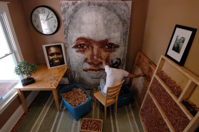 green design, eco design, sustainable design, Scott Gundersen, recycled materials, recycled art, cork, wine corks, wine cork portrait