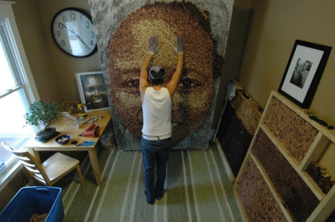 green design, eco design, sustainable design, Scott Gundersen, recycled materials, recycled art, cork, wine corks, wine cork portrait
