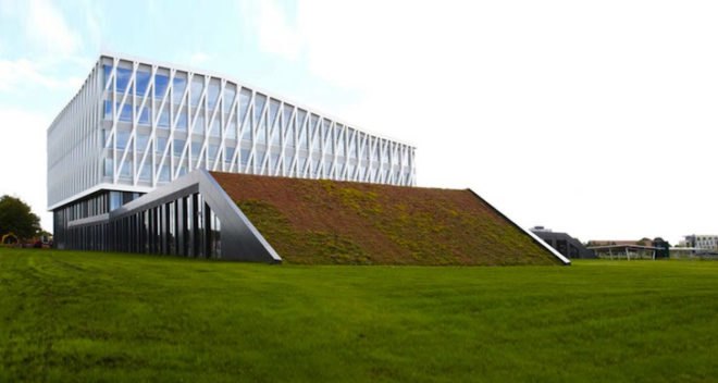 green roof, treble glazing, Viborg Town Hall, Henning Larsen, passive design, passive cooling, groundwater cooling, rainwater collection, Denmark, green building, green design, sustainable design, eco-design
