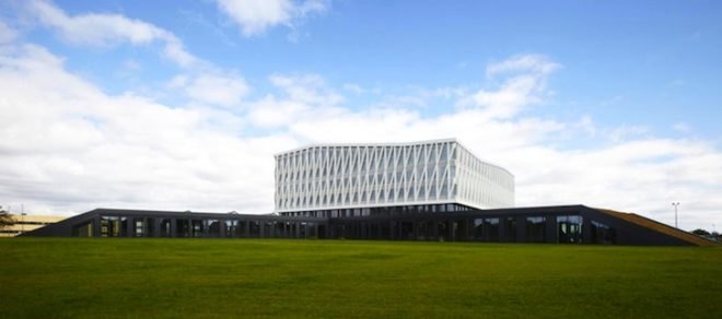 green roof, treble glazing, Viborg Town Hall, Henning Larsen, passive design, passive cooling, groundwater cooling, rainwater collection, Denmark, green building, green design, sustainable design, eco-design