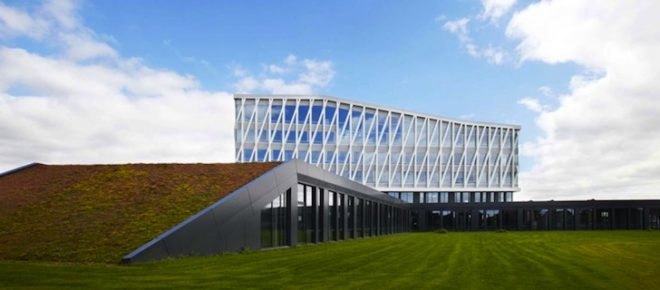 green roof, treble glazing, Viborg Town Hall, Henning Larsen, passive design, passive cooling, groundwater cooling, rainwater collection, Denmark, green building, green design, sustainable design, eco-design