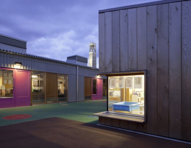 green design, eco design, sustainable design, Sarah Wigglesworth Architects, Sandal Magna Community School, Wakefield, UK, Rainwater collection system, reclaimed materials, recycled materials, sustainable timber, natural ventilation, carbon efficient school