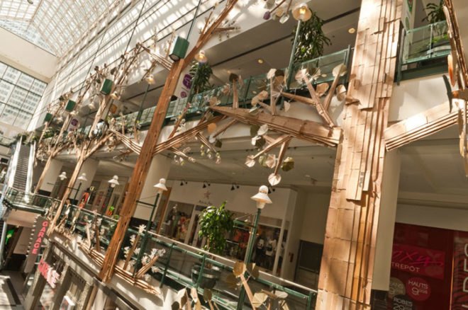 Montreal's Eaton Centre Mall, mall art, eco art, recycled art, green art, recycled materials, recycled material sculptures, eco art installations, Roadsworth, Brian Armstrong, art Fragile, recycled water bottles, trash art