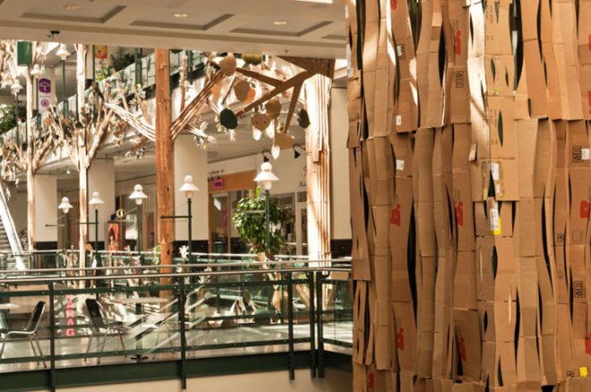 Montreal's Eaton Centre Mall, mall art, eco art, recycled art, green art, recycled materials, recycled material sculptures, eco art installations, Roadsworth, Brian Armstrong, art Fragile, recycled water bottles, trash art