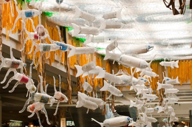 Montreal's Eaton Centre Mall, mall art, eco art, recycled art, green art, recycled materials, recycled material sculptures, eco art installations, Roadsworth, Brian Armstrong, art Fragile, recycled water bottles, trash art