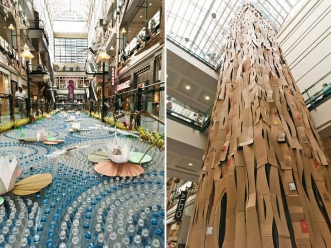 Montreal's Eaton Centre Mall, mall art, eco art, recycled art, green art, recycled materials, recycled material sculptures, eco art installations, Roadsworth, Brian Armstrong, art Fragile, recycled water bottles, trash art