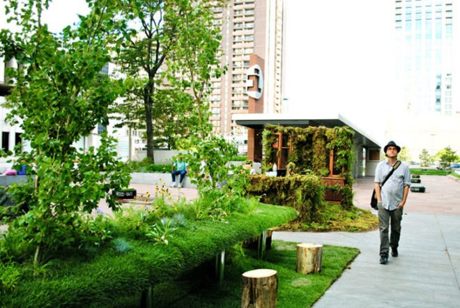 green desks, green design, plants, tres birds workshop, denver, art, installation