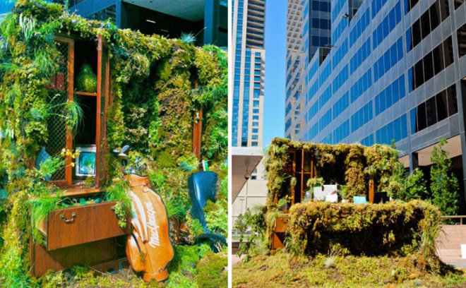 green desks, green design, plants, tres birds workshop, denver, art, installation