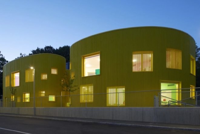 Tham & Videgård Arkiteker, canary-colored school, Tellus Nursery School, daylighting, mechanical load, pine facade, diffused lighting, natural lighting, natural materials, sustainable materials, green design, eco-design, sustainable design, energy efficiency