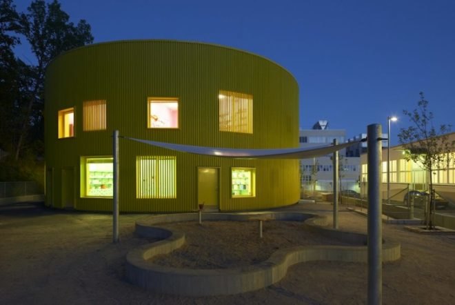 Tham & Videgård Arkiteker, canary-colored school, Tellus Nursery School, daylighting, mechanical load, pine facade, diffused lighting, natural lighting, natural materials, sustainable materials, green design, eco-design, sustainable design, energy efficiency