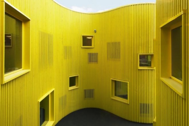 Tham & Videgård Arkiteker, canary-colored school, Tellus Nursery School, daylighting, mechanical load, pine facade, diffused lighting, natural lighting, natural materials, sustainable materials, green design, eco-design, sustainable design, energy efficiency