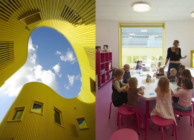 Tham & Videgård Arkiteker, canary-colored school, Tellus Nursery School, daylighting, mechanical load, pine facade, diffused lighting, natural lighting, natural materials, sustainable materials, green design, eco-design, sustainable design, energy efficiency