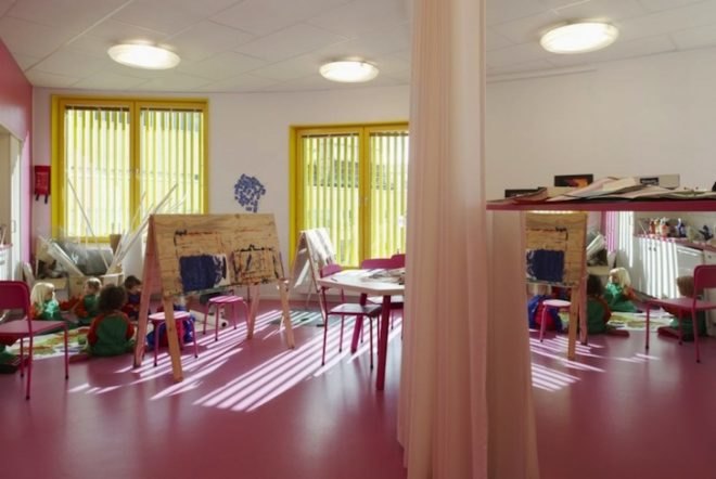 Tham & Videgård Arkiteker, canary-colored school, Tellus Nursery School, daylighting, mechanical load, pine facade, diffused lighting, natural lighting, natural materials, sustainable materials, green design, eco-design, sustainable design, energy efficiency