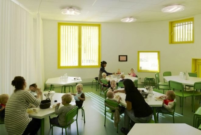 Tham & Videgård Arkiteker, canary-colored school, Tellus Nursery School, daylighting, mechanical load, pine facade, diffused lighting, natural lighting, natural materials, sustainable materials, green design, eco-design, sustainable design, energy efficiency
