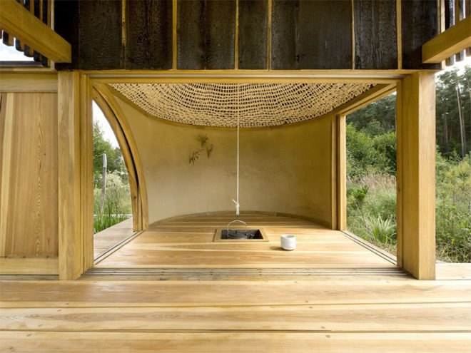 green design, eco design, sustainable design, A1 Architects, Teahouse, oculus, bamboo, charred larch, meditation room, green roof