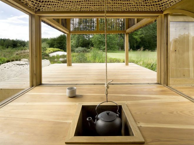 green design, eco design, sustainable design, A1 Architects, Teahouse, oculus, bamboo, charred larch, meditation room, green roof