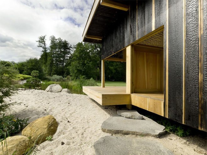 green design, eco design, sustainable design, A1 Architects, Teahouse, oculus, bamboo, charred larch, meditation room, green roof