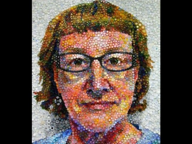 Bottle Caps Portrait, Mary Ellen Croteau, recycled bottle caps, chuck close, portrait, eco art