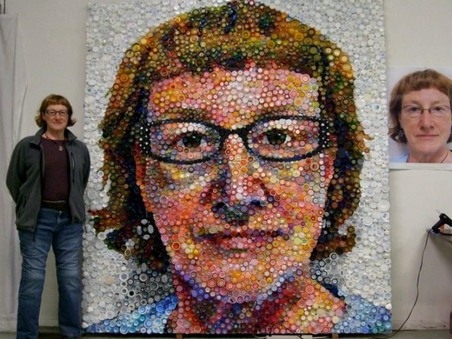 Bottle Caps Portrait, Mary Ellen Croteau, recycled bottle caps, chuck close, portrait, eco art