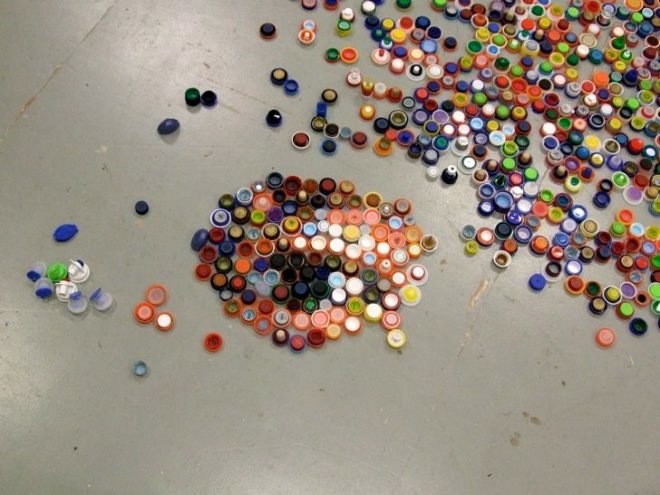 Bottle Caps Portrait, Mary Ellen Croteau, recycled bottle caps, chuck close, portrait, eco art