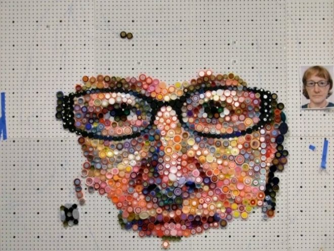 Bottle Caps Portrait, Mary Ellen Croteau, recycled bottle caps, chuck close, portrait, eco art