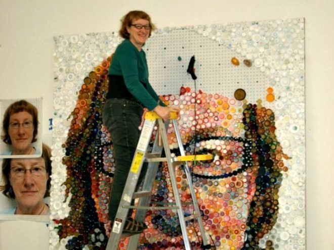 Bottle Caps Portrait, Mary Ellen Croteau, recycled bottle caps, chuck close, portrait, eco art