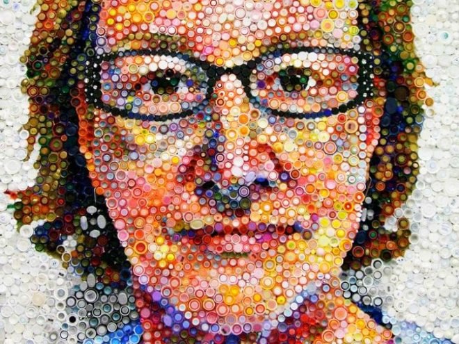 Bottle Caps Portrait, Mary Ellen Croteau, recycled bottle caps, chuck close, portrait, eco art