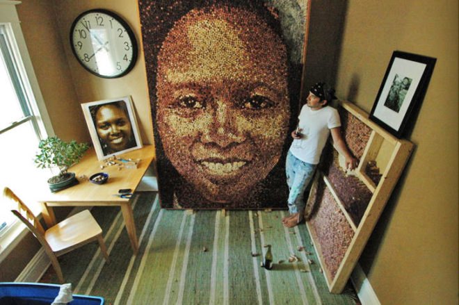 green design, eco design, sustainable design, Scott Gundersen, recycled materials, recycled art, cork, wine corks, wine cork portrait
