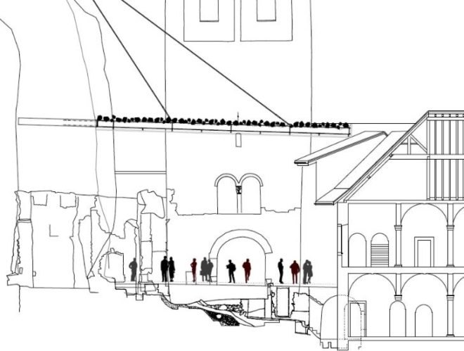 Couverture Ruine Archeologique, Savioz Fabrizzi Architectes, st. maurice abbey, disaster proof design, daylighting, floating roof, archaeology site