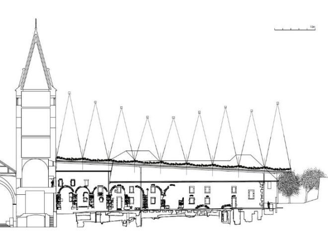 Couverture Ruine Archeologique, Savioz Fabrizzi Architectes, st. maurice abbey, disaster proof design, daylighting, floating roof, archaeology site