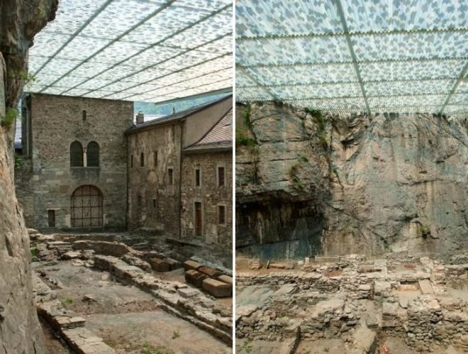 Couverture Ruine Archeologique, Savioz Fabrizzi Architectes, st. maurice abbey, disaster proof design, daylighting, floating roof, archaeology site