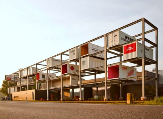 Genussregal, BWM Architekten und Partner, cargotecture, shipping containers, austria, local food, wine shop, sustainable food