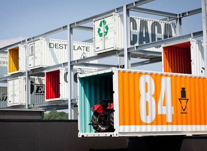 Genussregal, BWM Architekten und Partner, cargotecture, shipping containers, austria, local food, wine shop, sustainable food