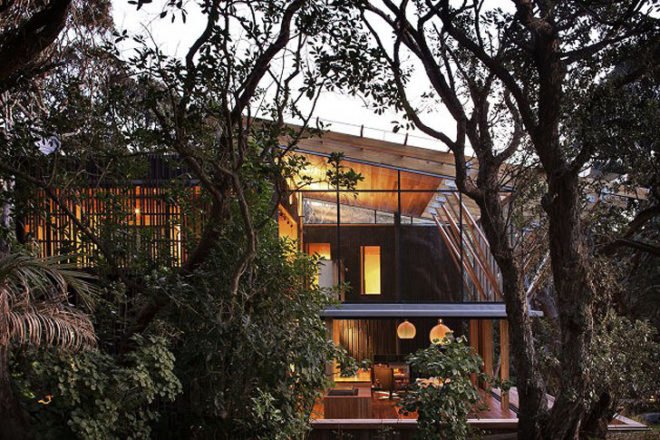 green design, eco design, sustainable design, beach house, herbst Architecture, Pohutukawa trees, New Zealand, Auckland, tree house, glass curtain