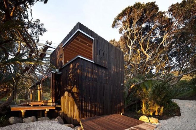 green design, eco design, sustainable design, beach house, herbst Architecture, Pohutukawa trees, New Zealand, Auckland, tree house, glass curtain