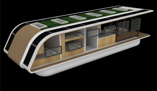 Kingsley Architects, SolarHome, off the grid houseboat, solar power, rainwater treatment, self sufficient mode, green design, eco design, sustainable design