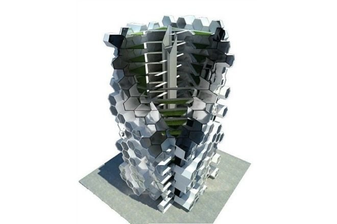 London Tower Farm, Xome Arquitectos, vertical farm, london, honeycomb structure, sustainable food