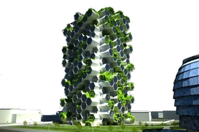 London Tower Farm, Xome Arquitectos, vertical farm, london, honeycomb structure, sustainable food