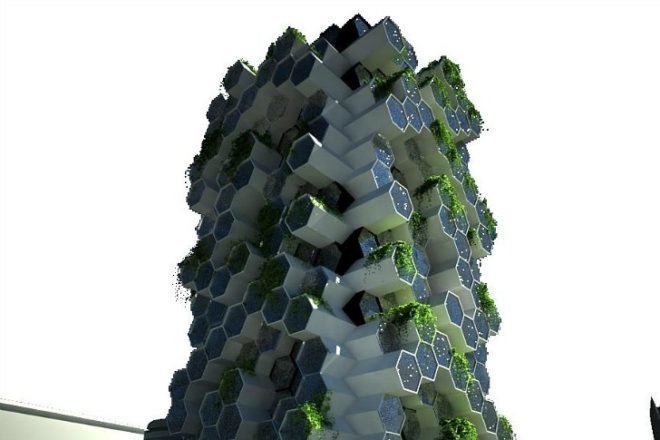London Tower Farm, Xome Arquitectos, vertical farm, london, honeycomb structure, sustainable food