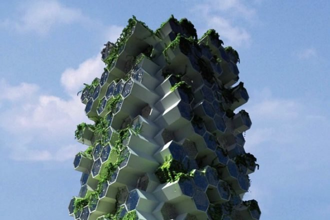 London Tower Farm, Xome Arquitectos, vertical farm, london, honeycomb structure, sustainable food