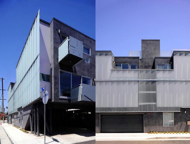 green design, eco design, sustainable design, Sander Architects, sustainable wood, double skin facade, natural lighting, low-flush toilets, Venice Beach, Venice Canal, California, Glass Townhouse, condominiums, solar gain, low-VOC paint, bamboo flooring