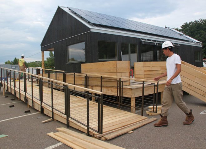green design, eco design, sustainable design, Solar Decathlon, Washington D.C., off the grid, photovoltaic roof, solar energy, renewable resources, , Middlebury College, New England, Self-Reliance, gabled roof, photovoltaic array, solar heat gain, New England Farmhouse, green wall, living wall