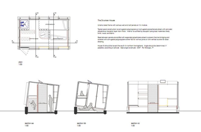 Pinwheel house, low cost housing China, $1K housing challenge, 1K$1K house, MIT architecture students, MIT $1000 house, Low income housing, eco housing, eco materials, disaster housing