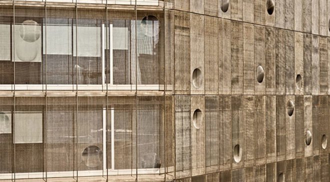 green design, eco design, sustainable design, b720 Arquitectos, Indra Corporate Building, Barcelona, Poblenou, Glass curtain, double skinned facade, stainless steel mesh skin, reduce solar gain